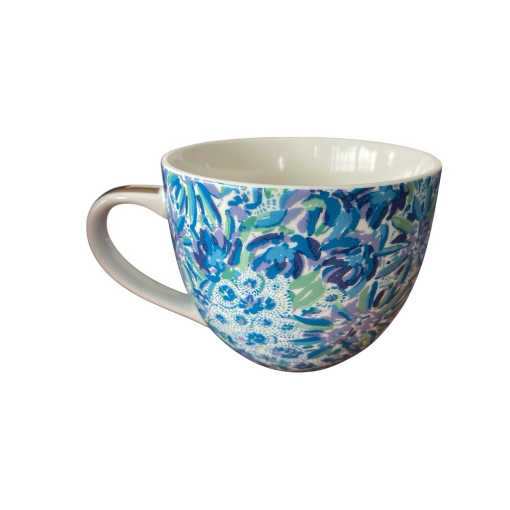 Lilly Pulitzer Mugs 2 Cups Blue White Floral Gold Logo Ceramic Coffee Tea Gifts - Picture 7 of 11